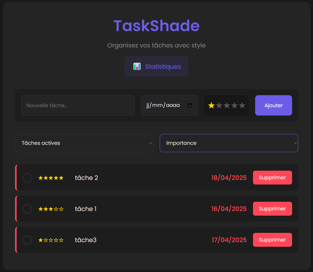 Interface principale de TaskShade montrant la liste des tâches organisées